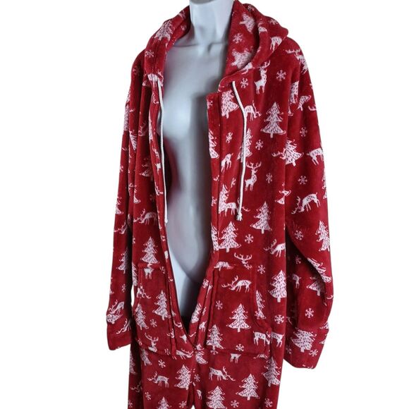 SleepytimePjs Red Holiday Hooded One Pc Adult M/L Zipper Footies Reindeer Trees - Picture 4 of 10